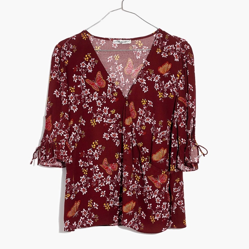 Madewell Tie-Sleeve Wrap Top in Butterfly Sanctuary